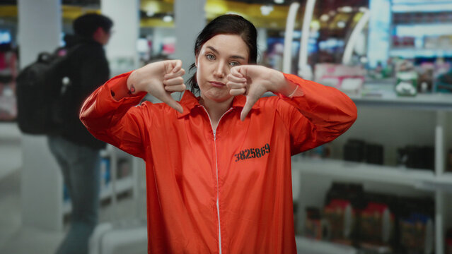 Woman in orange jumpsuit showing thumbs down in a busy mall setting, with shelves and blurred shoppers in the background expressing disapproval.
