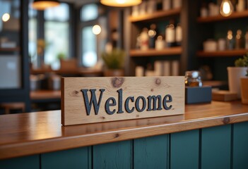 Rustic Welcome Sign on Desk Onboarding, Hospitality, Small Business, and Growth Concept
