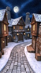 Snowy Village Street at Night under a Full Moon