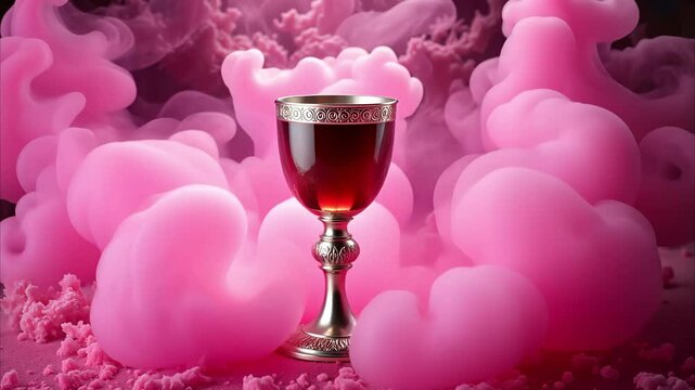 Levitating silver chalice with ruby wine &ndash; surreal ambient scene, spiritual symbolism