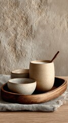Rustic ceramic cups and bowls on wooden tray against textured wall