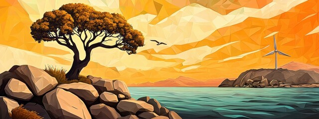 Solitary Tree on Rocky Shore at Sunset, Pixel Art Landscape