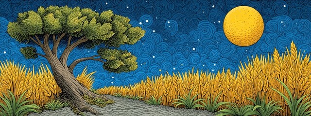 Solitary Tree Under a Full Yellow Moon and Starry Night Sky