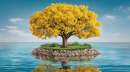 Solitary Yellow Tree on a Tiny Island in a Calm Blue Ocean