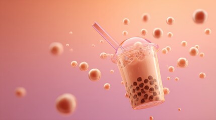 Floating bubble tea with tapioca pearls on gradient background