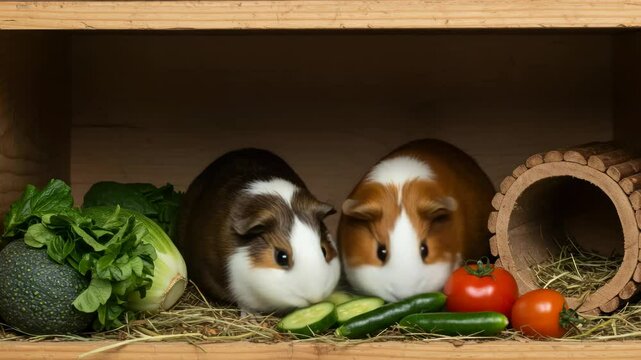 Charming Guinea Pigs Enjoying a Nutritious Feast Inside their Cozy Wooden Home