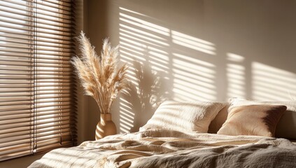 Sunlight streams into a bedroom with beige linen bedding and pampas grass