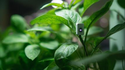 Close up of digital plant sensor monitoring leaf health and growth