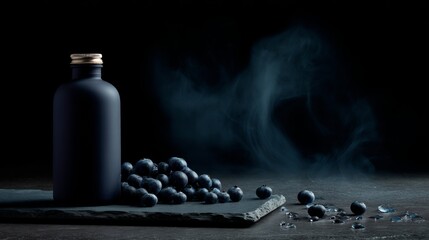 Elegant dark bottle with fresh blueberries on slate against smoky background