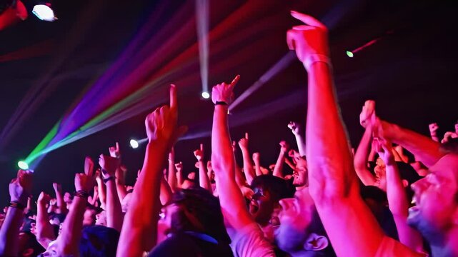 Party crowd dances beneath flashing lights. Night club fills with music and hands in the air. Lights pulse beat. Energy rises fast. Party continues deep into night with lights and nonstop music motion