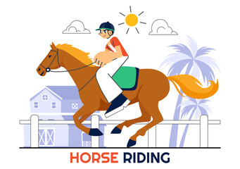 Horse Riding Vector Illustration Featuring Practicing Horseback Riding or Equestrian Sports in a Green Field with Flat Style Cartoon Background
