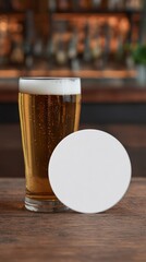 Mockup of white beer coasters and pint glass in a cozy bar setting