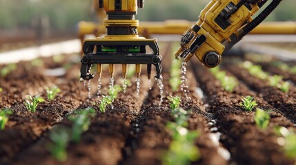 Robotic farming unit planting seedlings in precise rows for efficient agriculture