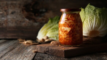 Rustic fermented kimchi jar with cabbage on wooden board for culinary inspiration