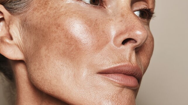 Close up of elderly woman's skin showing pigment spots and natural aging