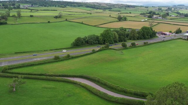 High Angle Footage of Village Countryside Landscape at Near Kendal Town, Lake District of England United Kingdom. Drone Camera Footage Was Captured on June 13th, 2025