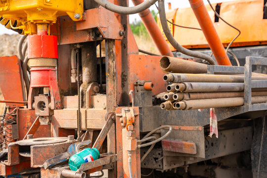 Drilling rig for pile installation and soil sampling. Heavy geotechnical equipment used for subsurface investigation and foundation works