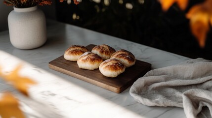 Asymmetrically styled rustic bread rolls on wooden board in cozy setting