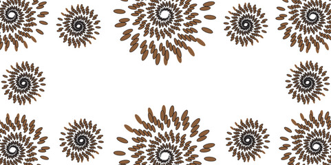 A striking abstract vector illustration featuring a large, central spiral motif composed of numerous small, elongated brown and black feather or leaf-like shapes radiating outwards in a dynamic whirl.