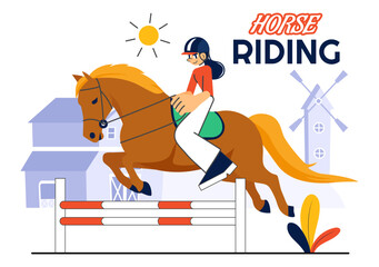 Horse Riding Vector Illustration Featuring Practicing Horseback Riding or Equestrian Sports in a Green Field with Flat Style Cartoon Background