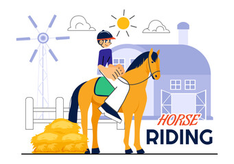 Horse Riding Vector Illustration Featuring Practicing Horseback Riding or Equestrian Sports in a Green Field with Flat Style Cartoon Background