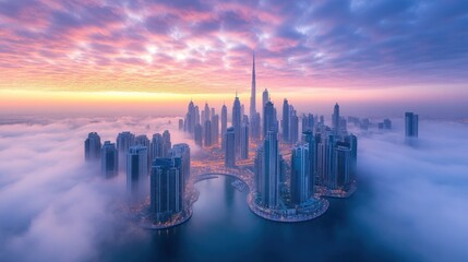 Fototapeta premium Dubai skyline rising above morning fog