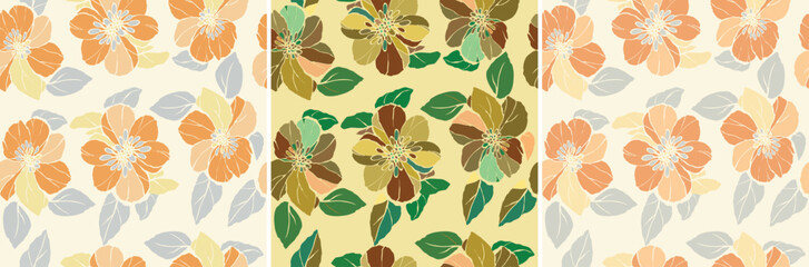 Sophisticated floral pattern featuring large stylized blossoms and leaves. Offered in a soft orange/grey/light background, and a warm brown/green/yellow combination for diverse uses