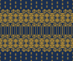 Modern traditional Thai fabric silk geometric ethnic oriental cross stitch style with golden Thai ornament seamless pattern on blue background. 