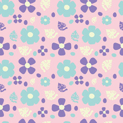 Hand-drawn pastel flowers on a pink background. Seamless pattern is floral for clothing, fabric, wallpaper, backdrop, home decoration, cover book, and wall art. Vintage style.