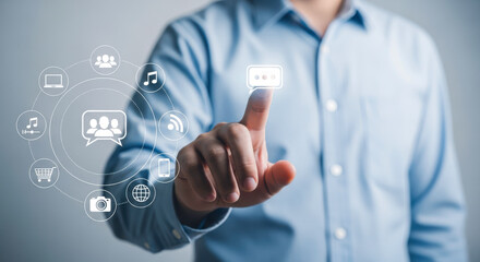 Man touching digital icons social media marketing technology communication network concept