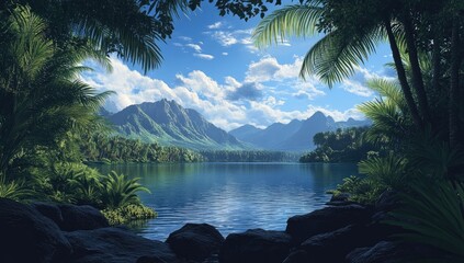 Tranquil lake nestled in a lush tropical valley, framed by dense foliage and mountains