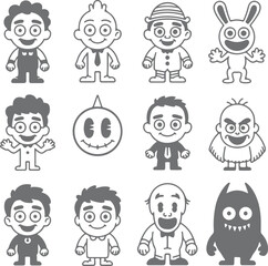 Twelve Gray Scale Cartoon Character Silhouettes Diverse Expressions Poses Simple Line Art Illustrations Set