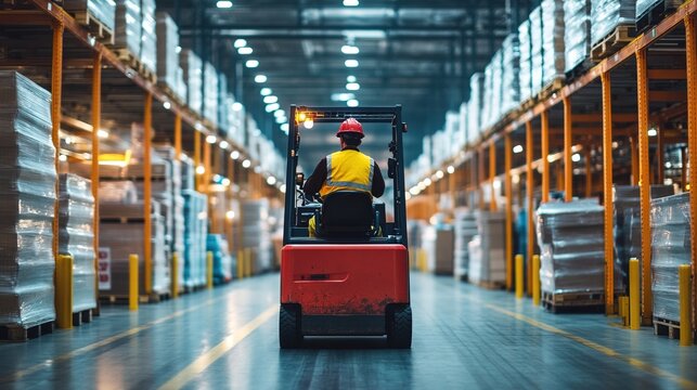 A worker repairing a forklift inside a busy warehouse 