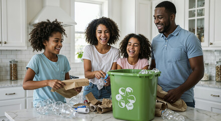 Family sorting garbage for recycling in the kitchen.