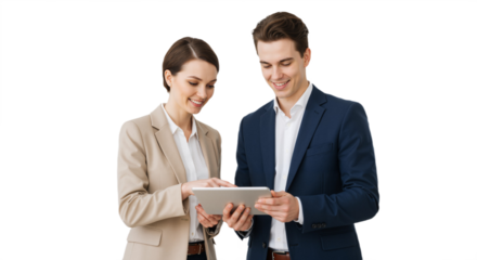 Collaborative Professionals in Suits Pointing at Tablet, Smiling Against White Background PNG