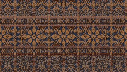 Detailed Ornamental Border with Floral and Geometric Elements in Brown and Blue