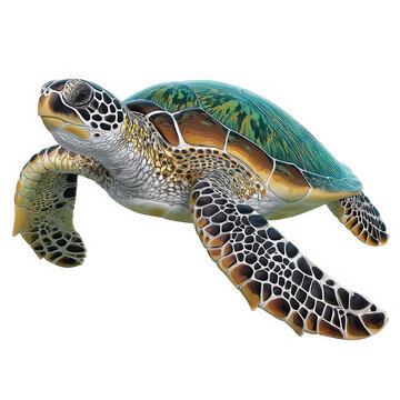 A sea turtle swimming with a black background around it on transparent background