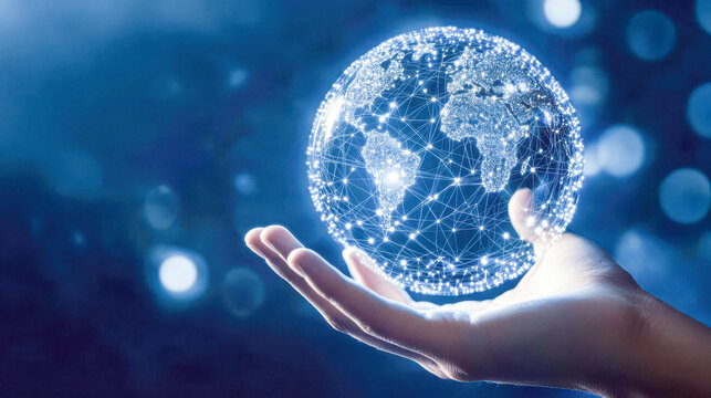 Hand holding a glowing digital globe representing global connectivity and communication networks.