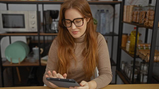 Woman in office with glasses using tablet in casual workspace surrounded by shelves and kitchen appliances, showcasing productivity and modern lifestyle.