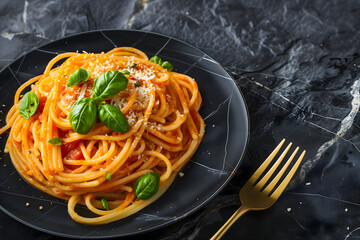 Premium pasta plating with golden marble backdrop
