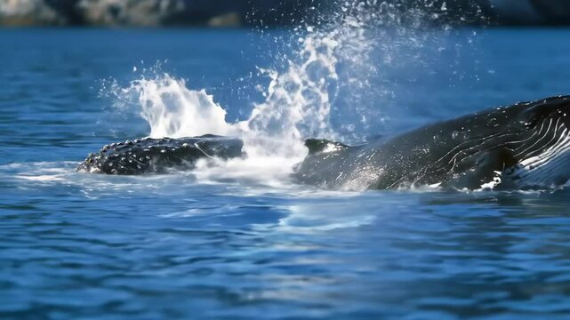 Two beautiful humpback whales play in clear blue sea waters. Wonderful scene, nature, aquatic life, travel and wildlife.