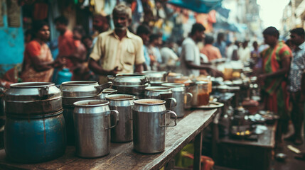 A bustling Indian street cafÃ© serving strong filter coffee in metal tumblers, busy crowd Keywords: India, filter coffee, street, tumblers, spicy, crowd, colorful, cafÃ©, tradition,