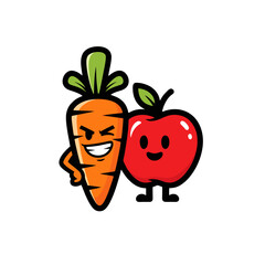 Playful Carrot and Apple Characters Logo, Bold Contour Lines