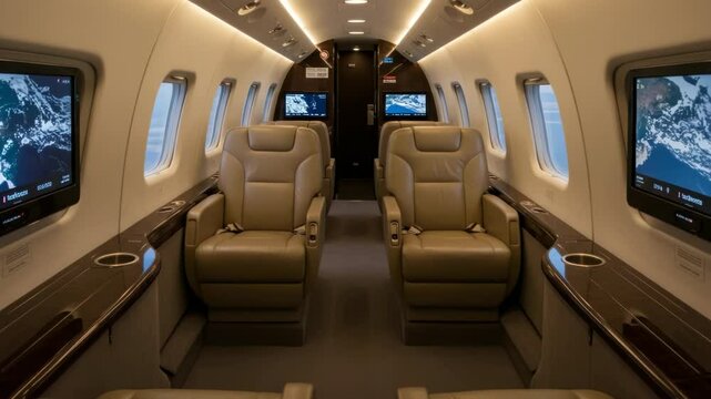 Luxurious private jet interior with plush seating and advanced entertainment system