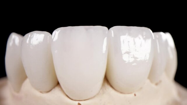 Dental health care. Ceramic zirconium in final version. Close up dental zircon ceramic crowns on black background