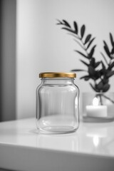 Empty glass jar with gold lid, set against a simple backdrop with plant and candle decor.
