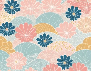 Korean Hanbok-Inspired Seamless Pattern with Floral and Geometric Motifs