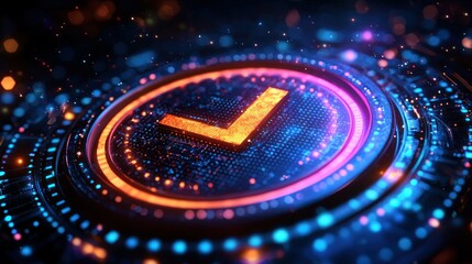 Digital checkmark interface.  Complex, glowing, technological