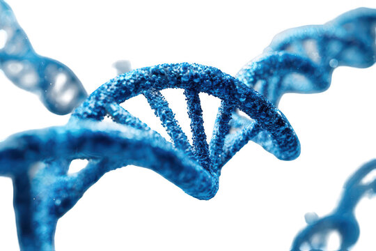 Detailed close-up of a stylized DNA double helix.  Abstract, textured,  and vibrant blue.  Surrounding structures suggest a complex biological system - Powered by Adobe