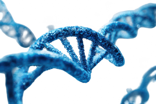 Detailed close-up of a stylized DNA double helix.  Abstract, textured,  and vibrant blue.  Surrounding structures suggest a complex biological system